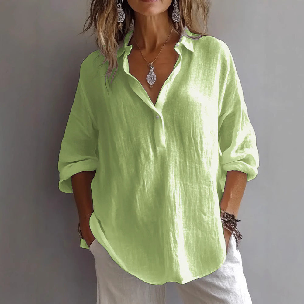 Linen-Look V Neck Popover Tunic Shirt - Matcha