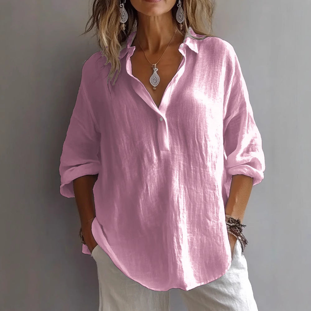 Linen-Look V Neck Popover Tunic Shirt - Pink