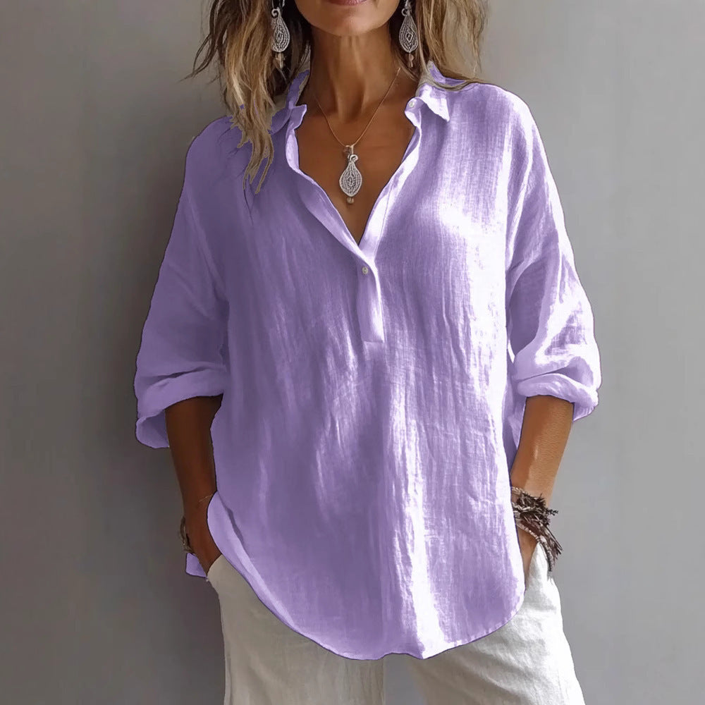 Linen-Look V Neck Popover Tunic Shirt - Purple