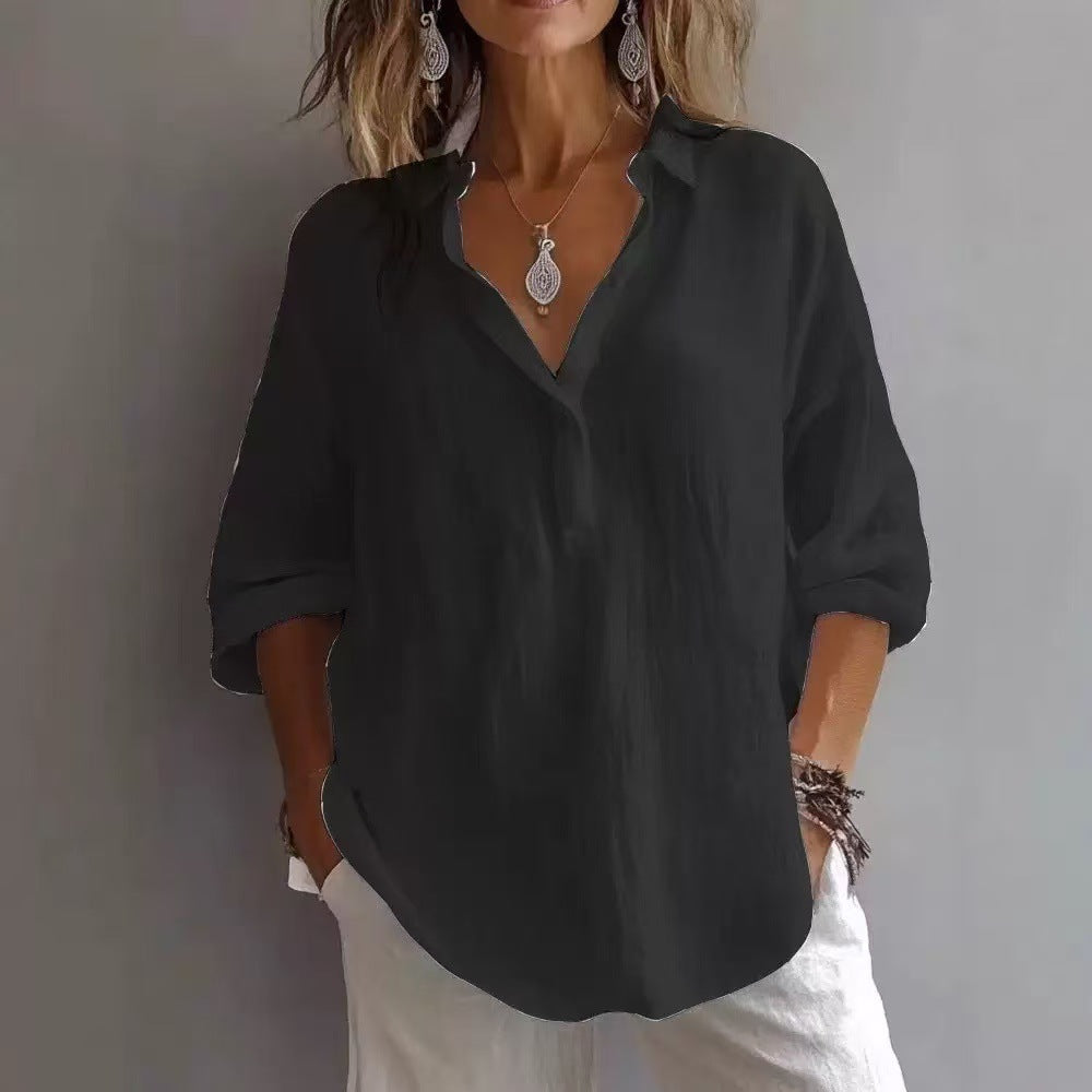 Linen-Look V Neck Popover Tunic Shirt - black
