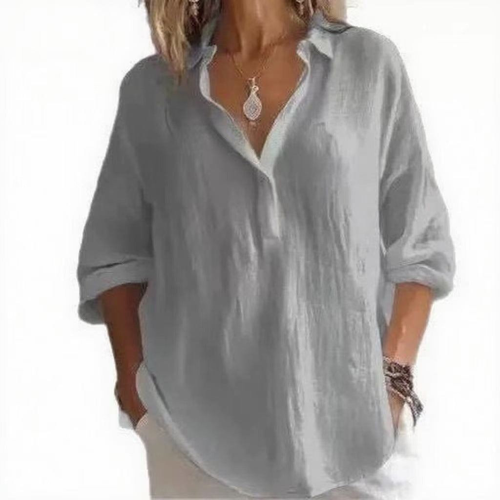 Linen-Look V Neck Popover Tunic Shirt - gray