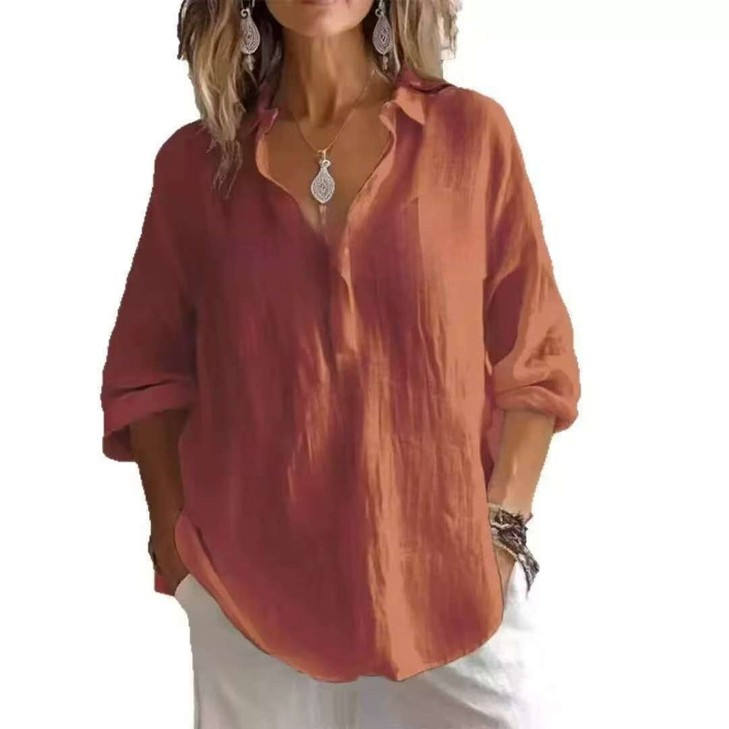 Linen-Look V Neck Popover Tunic Shirt - red