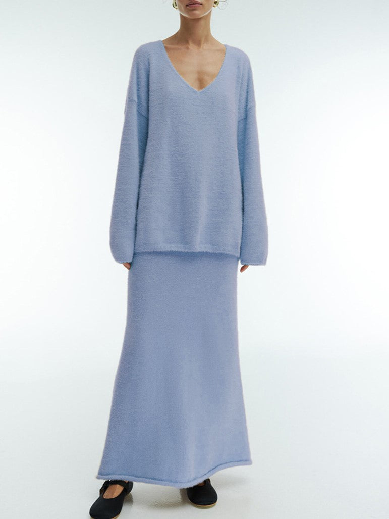 Fuzzy Knit Sweater And Maxi Skirt Set - SkyBlue