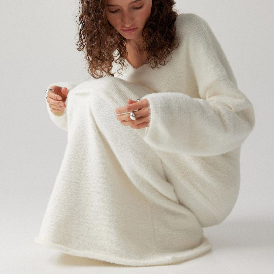 Fuzzy Knit Sweater And Maxi Skirt Set - White