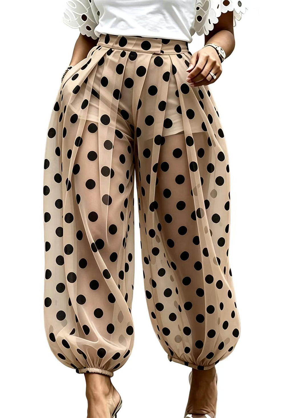 Polka Dot Sheer Mesh Elastic Cuff Harem Pants - Apricot