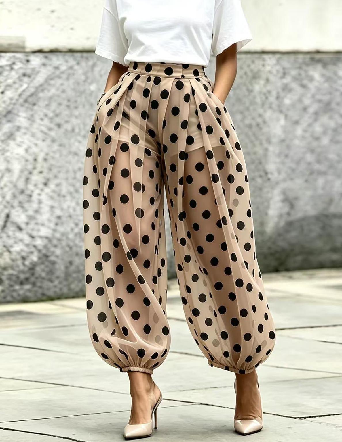 Polka Dot Sheer Mesh Elastic Cuff Harem Pants - Apricot - 1