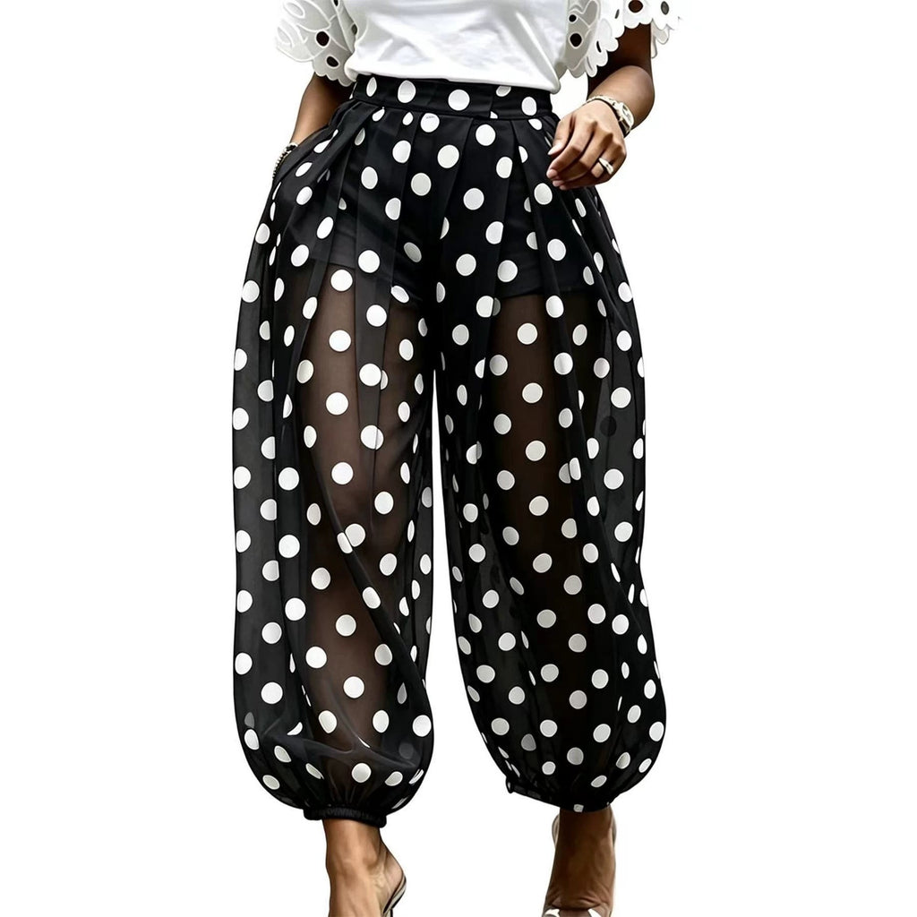 Polka Dot Sheer Mesh Elastic Cuff Harem Pants - Black