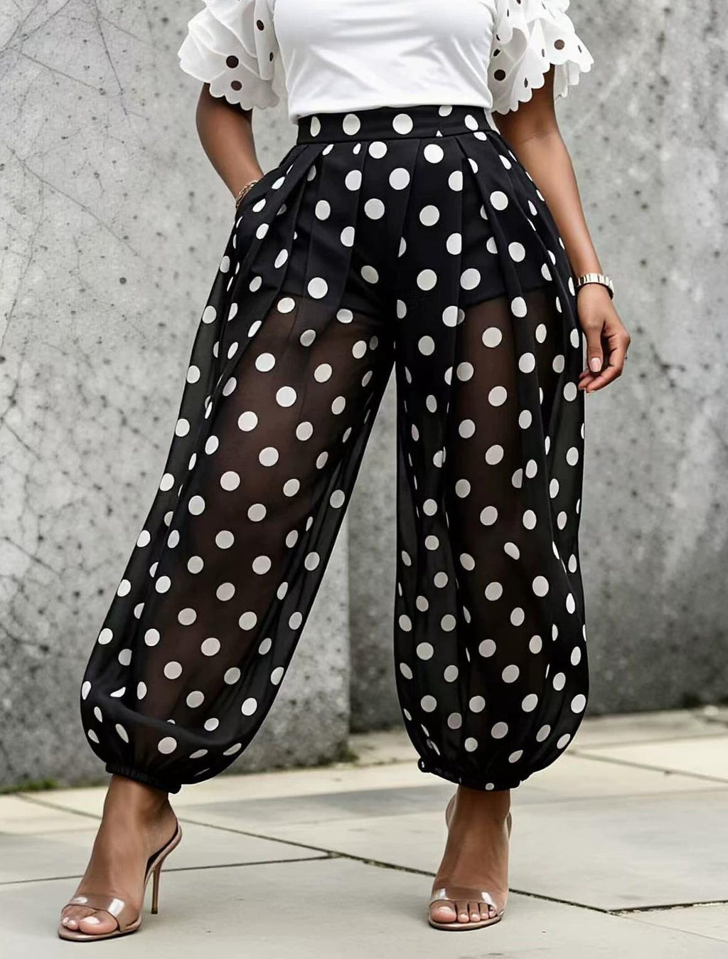 Polka Dot Sheer Mesh Elastic Cuff Harem Pants - Black - 1