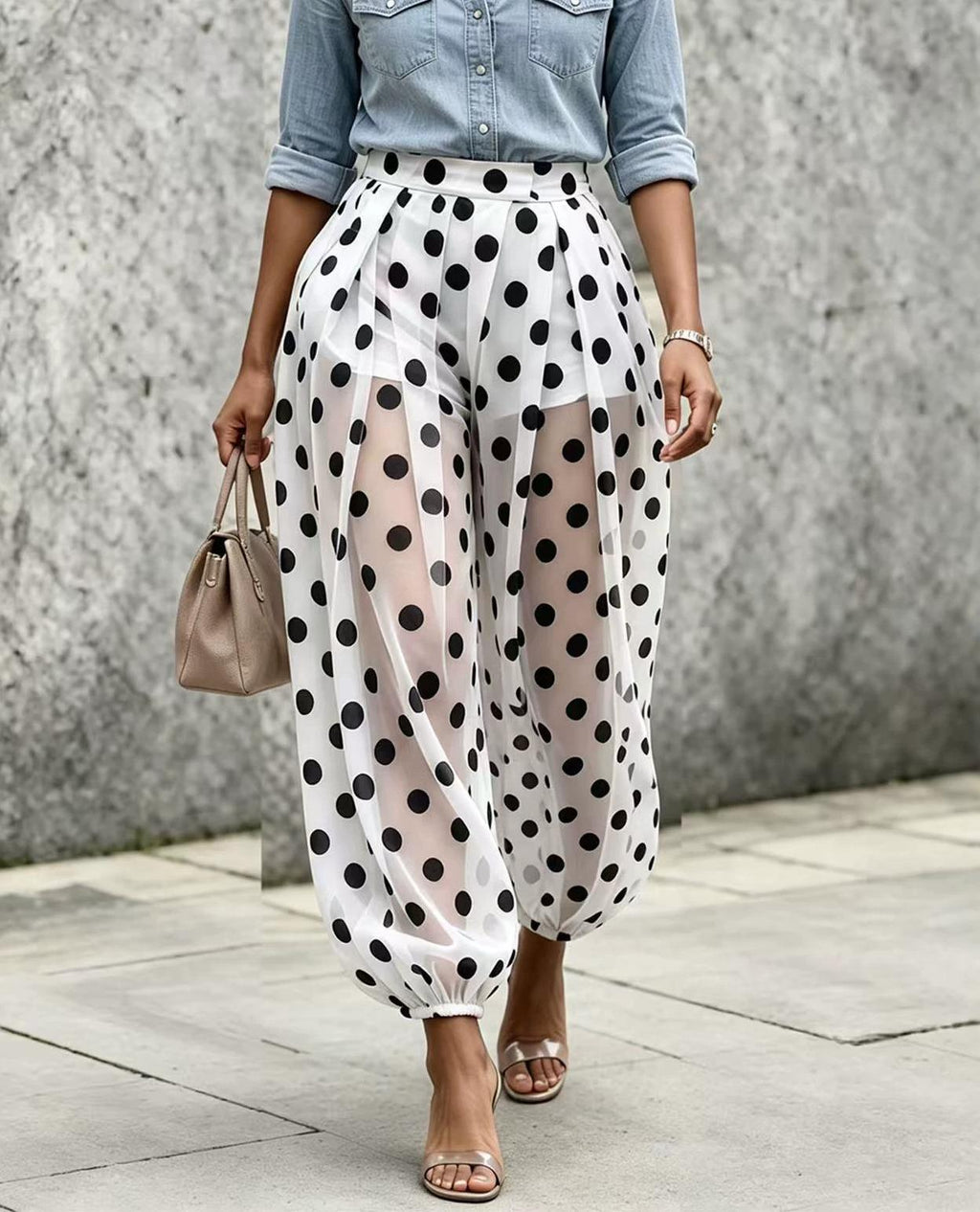 Polka Dot Sheer Mesh Elastic Cuff Harem Pants - White