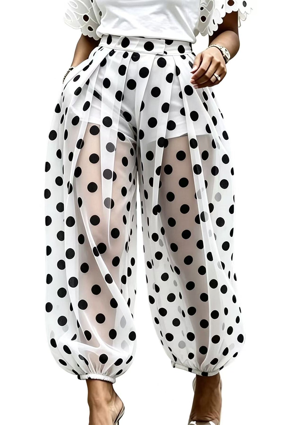 Polka Dot Sheer Mesh Elastic Cuff Harem Pants - White - 1