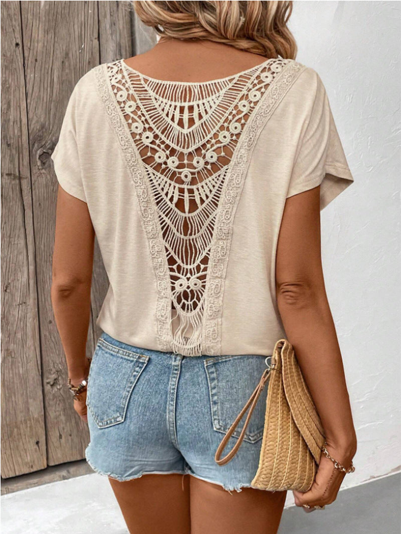 Crochet Lace Back Short Sleeve Tee - Apricot