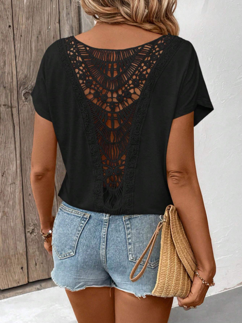 Crochet Lace Back Short Sleeve Tee - Black