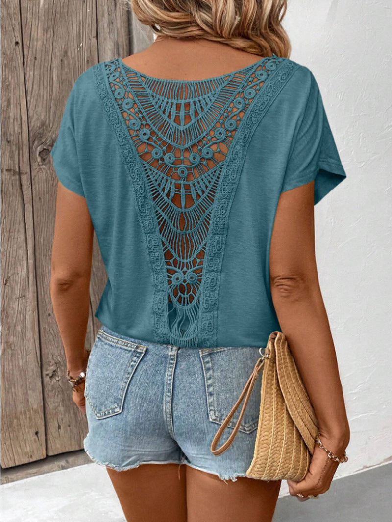 Crochet Lace Back Short Sleeve Tee - Green