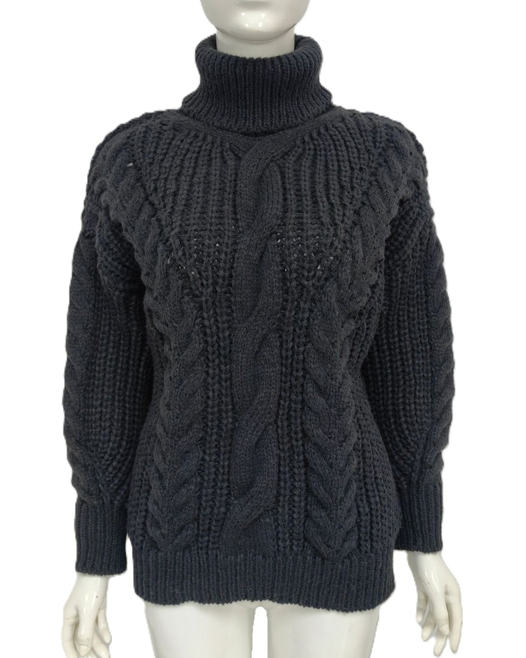 Oversized Turtleneck Sweater With Chunky Cables - Black