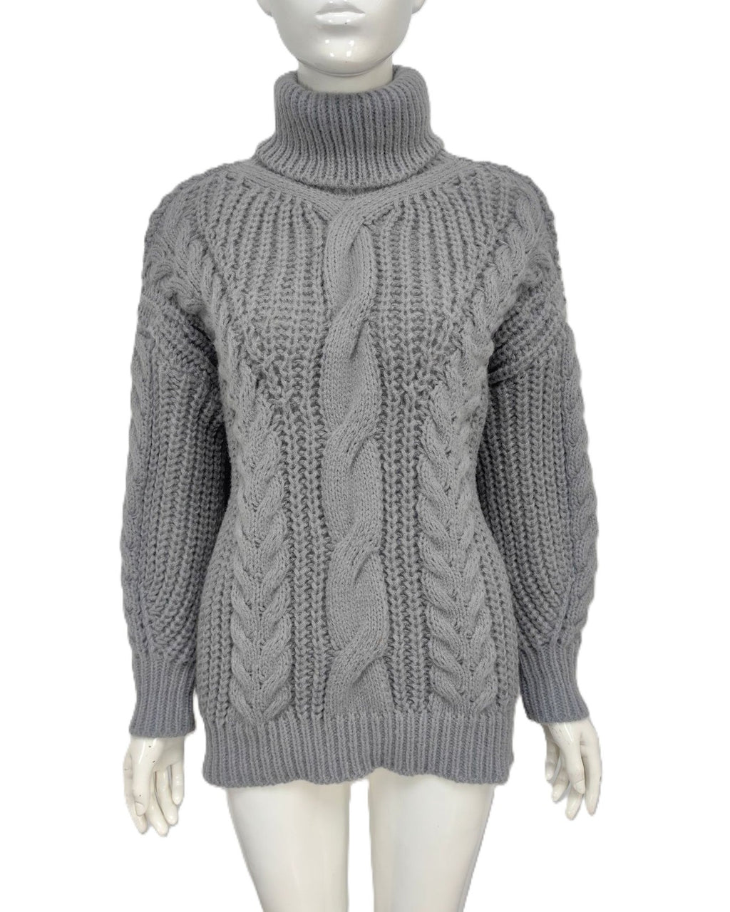 Oversized Turtleneck Sweater With Chunky Cables - Grey
