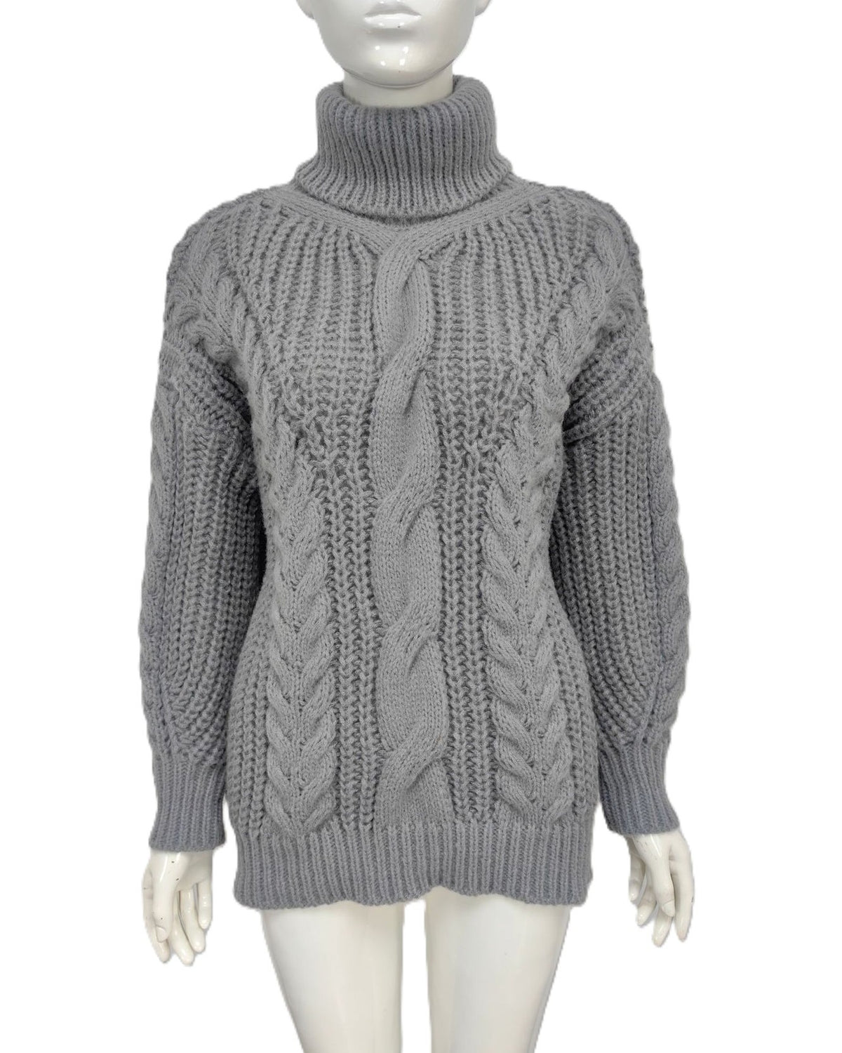 Oversized Turtleneck Sweater With Chunky Cables - Grey