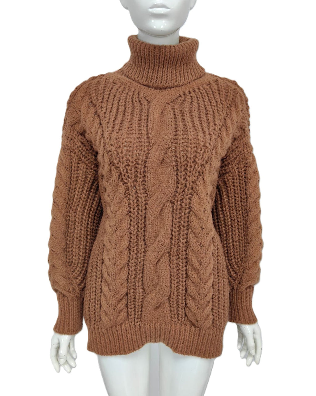 Oversized Turtleneck Sweater With Chunky Cables - Khaki