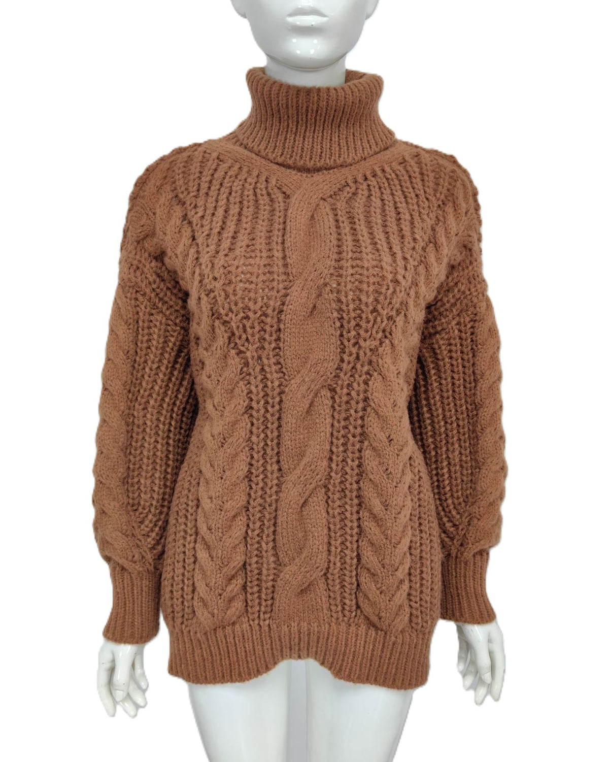 Oversized Turtleneck Sweater With Chunky Cables - Khaki