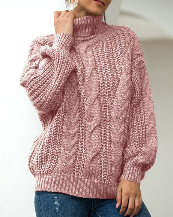 Oversized Turtleneck Sweater With Chunky Cables - Pink