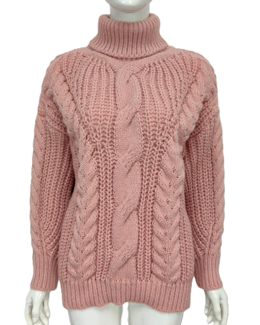 Oversized Turtleneck Sweater With Chunky Cables - Pink - 1