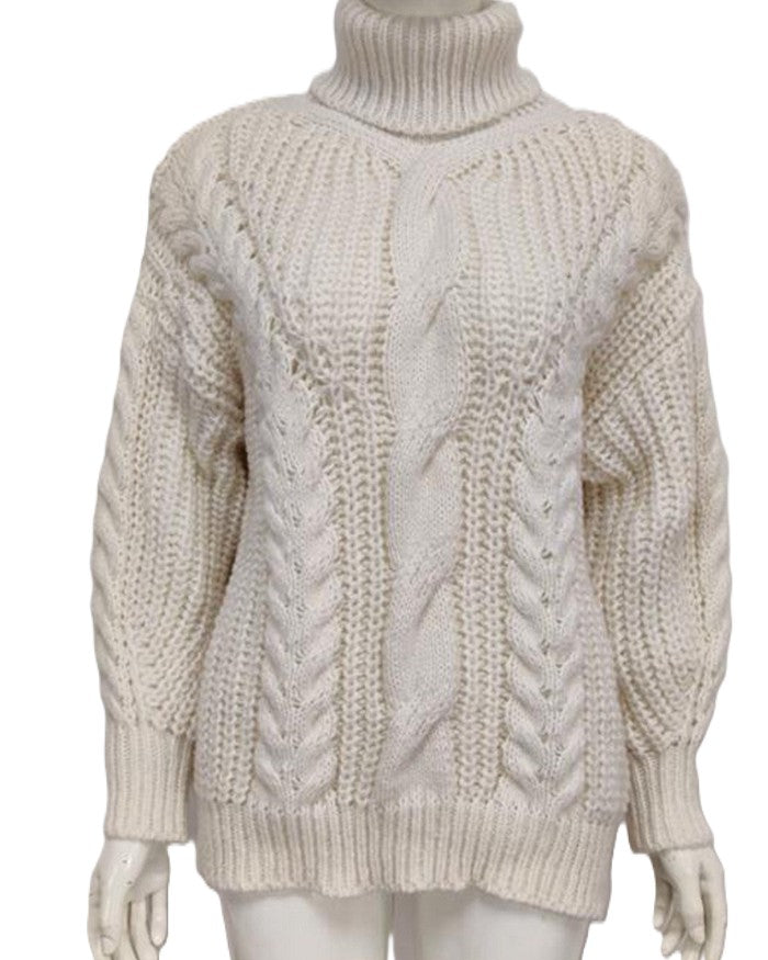 Oversized Turtleneck Sweater With Chunky Cables - White