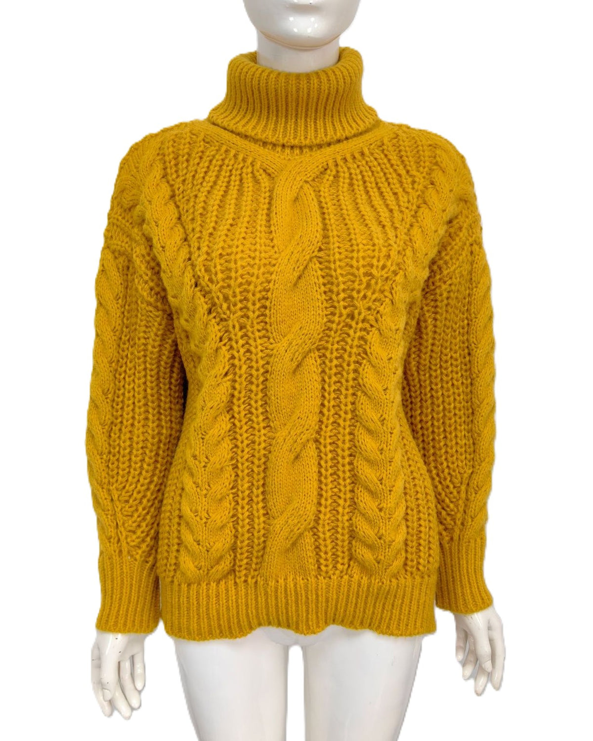 Oversized Turtleneck Sweater With Chunky Cables - Yellow