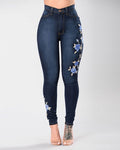 Rose Embroidered High Waist Skinny Jeans - Dark-Blue