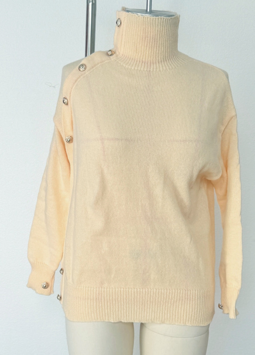 Turtleneck Pullover With Buttoned Shoulder Detail - Apricot - 1
