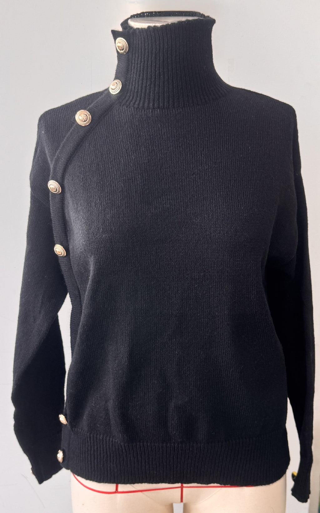 Turtleneck Pullover With Buttoned Shoulder Detail - Black