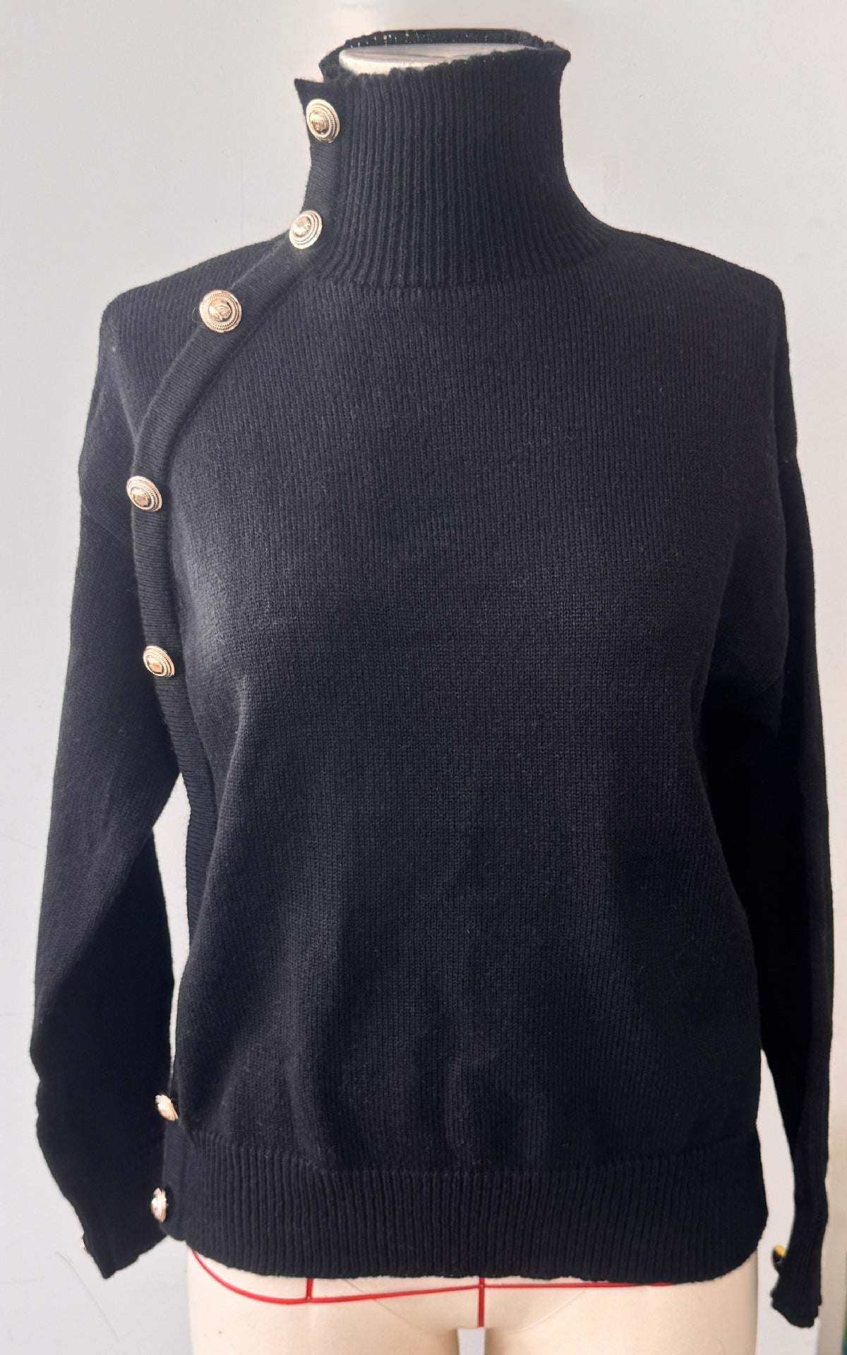 Turtleneck Pullover With Buttoned Shoulder Detail - Black