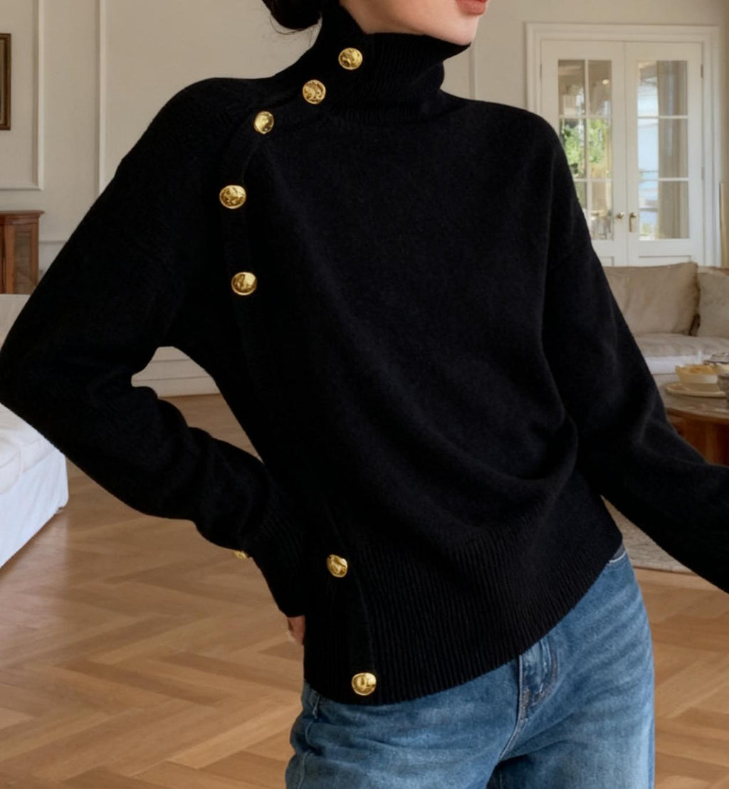 Turtleneck Pullover With Buttoned Shoulder Detail - Black - 1