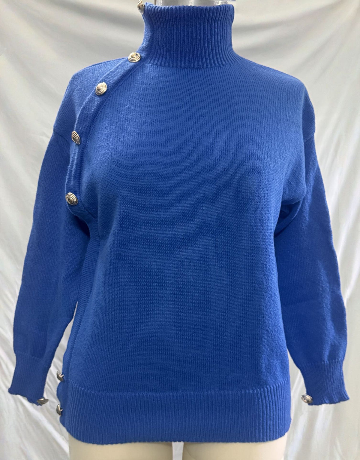 Turtleneck Pullover With Buttoned Shoulder Detail - Blue