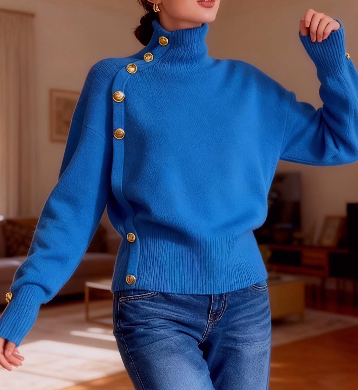 Turtleneck Pullover With Buttoned Shoulder Detail - Blue - 1