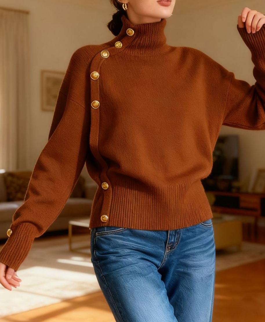 Turtleneck Pullover With Buttoned Shoulder Detail - Coffee