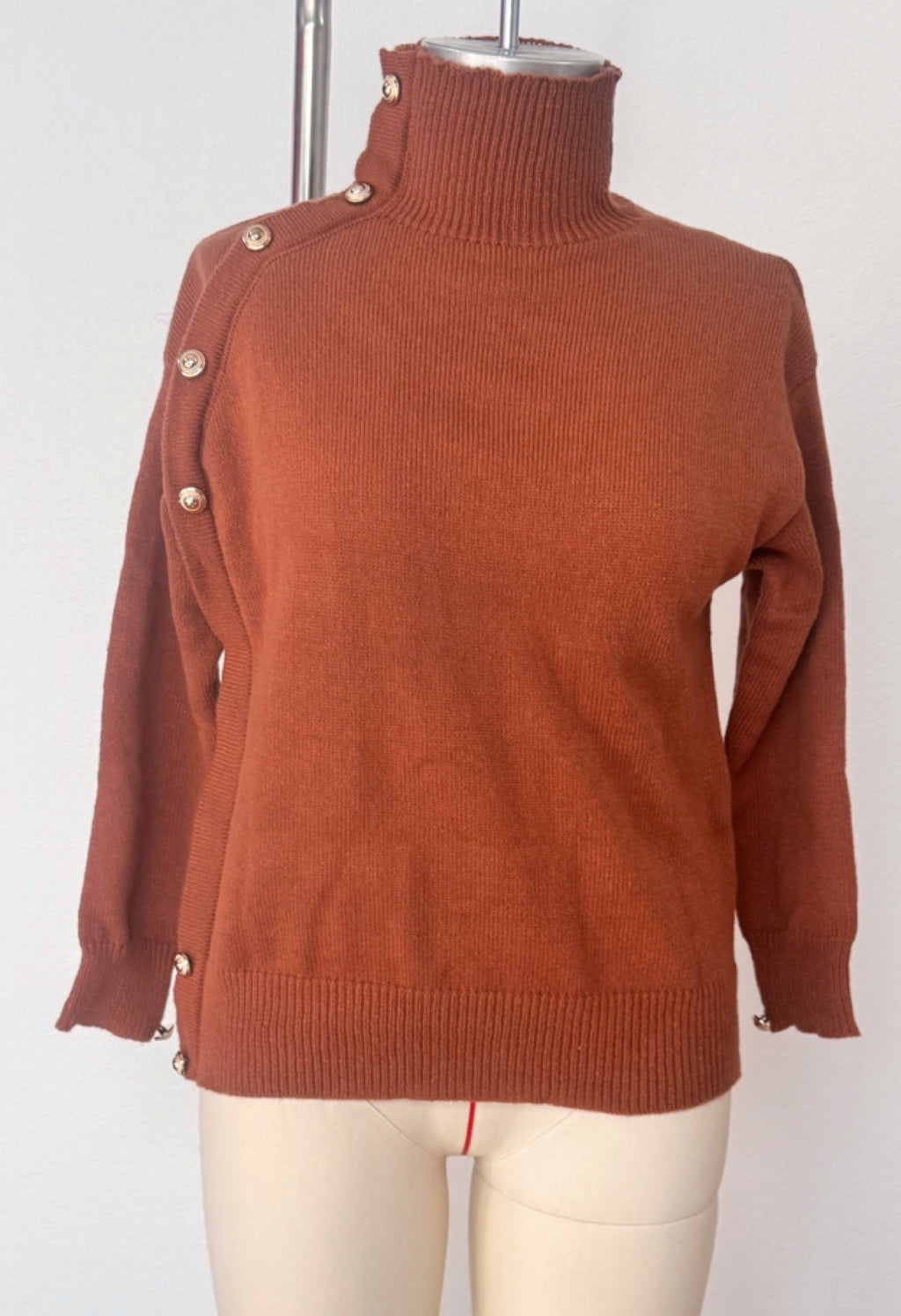 Turtleneck Pullover With Buttoned Shoulder Detail - Coffee - 1
