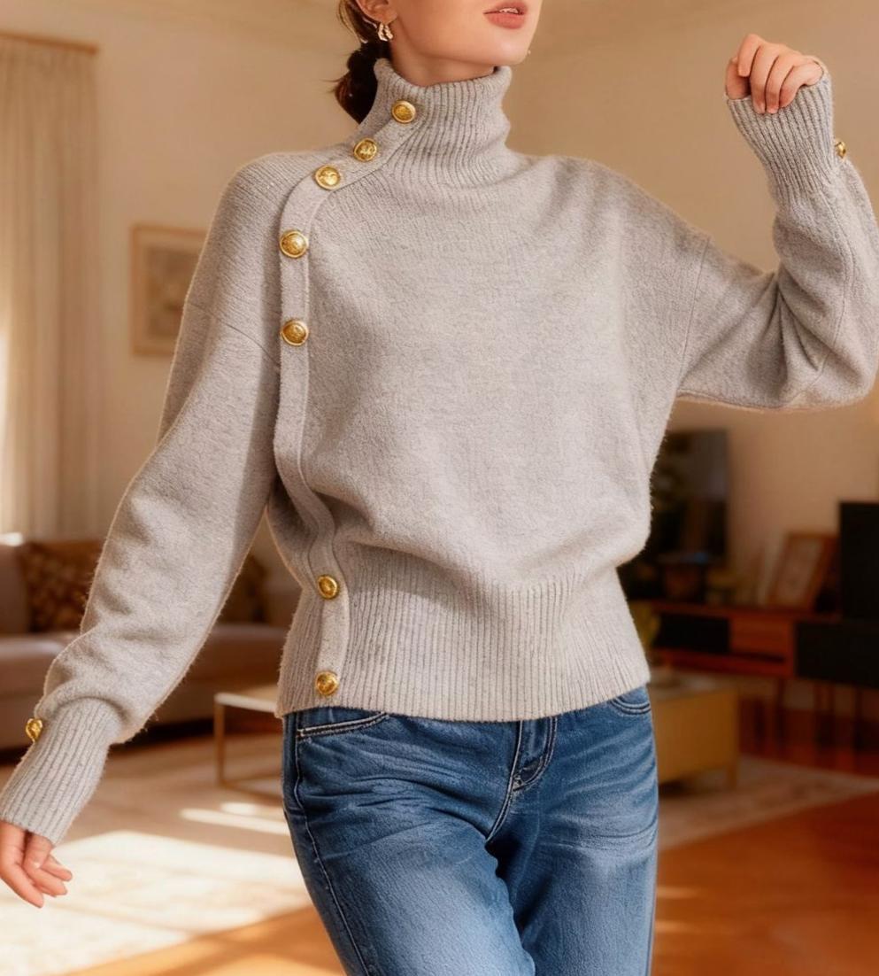 Turtleneck Pullover With Buttoned Shoulder Detail - Gray