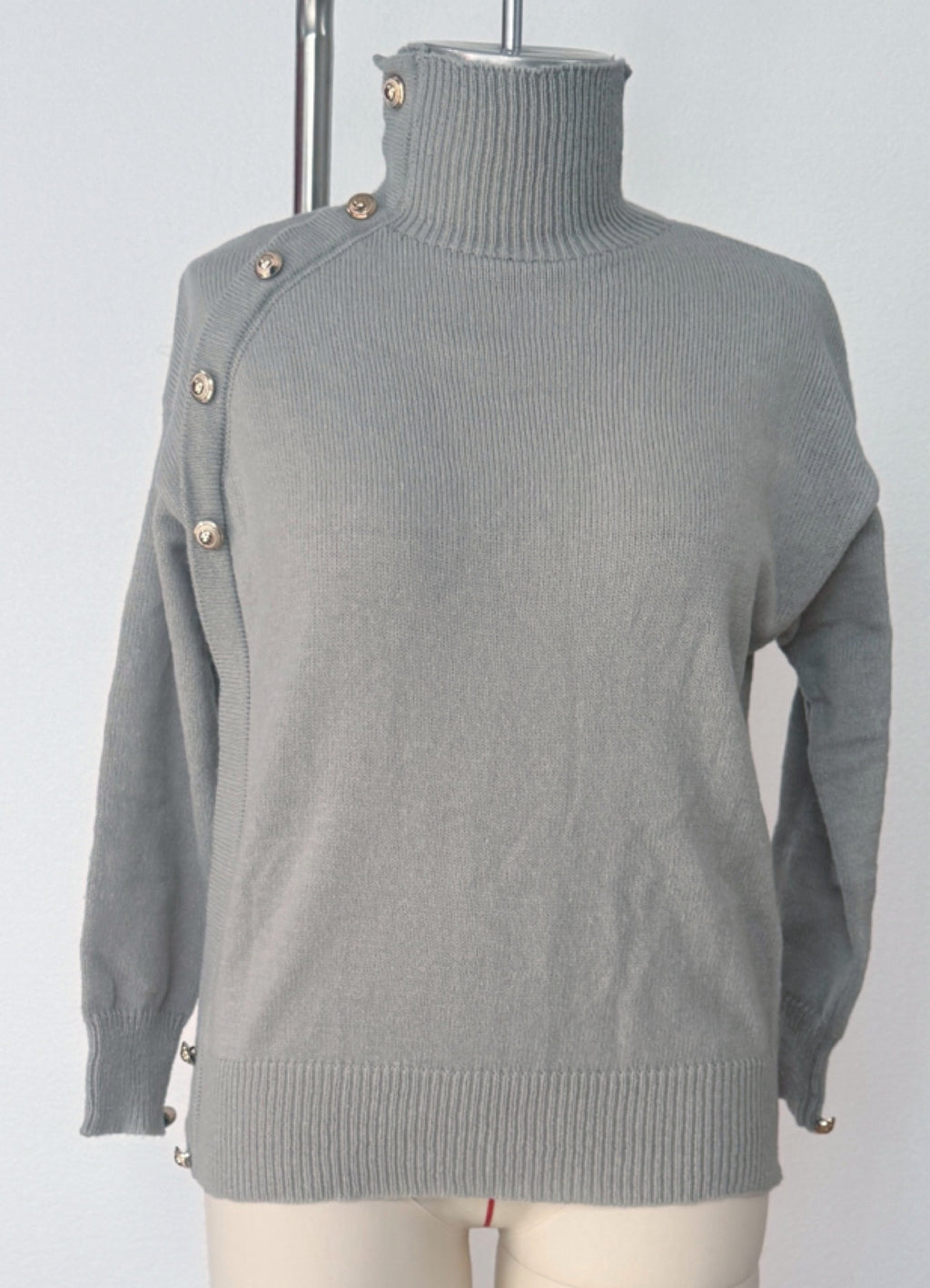 Turtleneck Pullover With Buttoned Shoulder Detail - Gray - 1