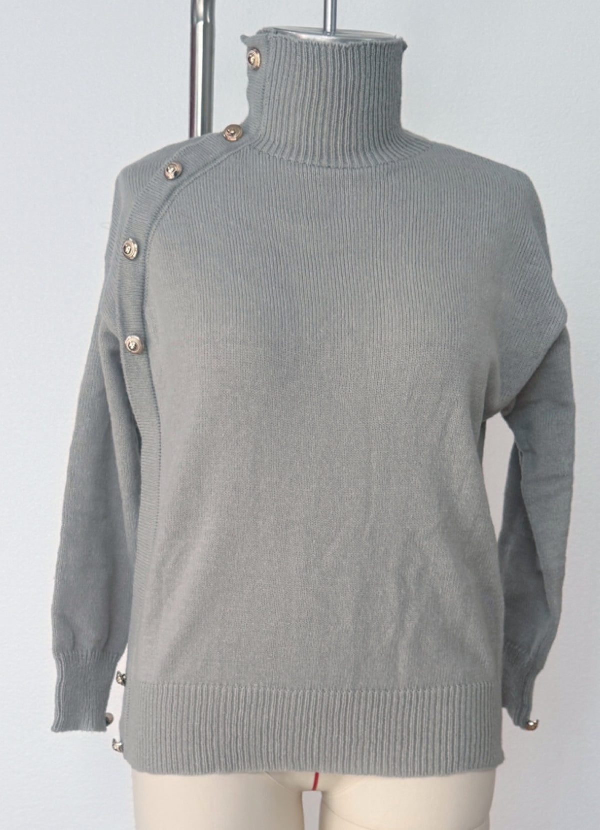 Turtleneck Pullover With Buttoned Shoulder Detail - Gray - 1