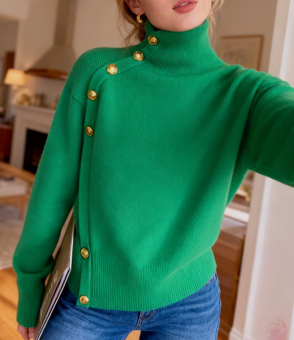 Turtleneck Pullover With Buttoned Shoulder Detail - Green