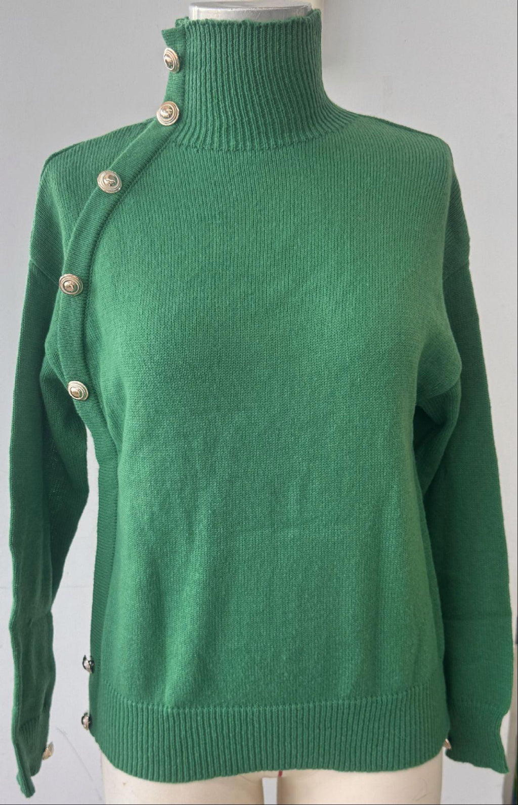 Turtleneck Pullover With Buttoned Shoulder Detail - Green - 1