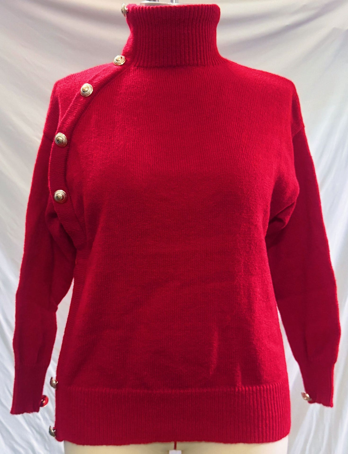 Turtleneck Pullover With Buttoned Shoulder Detail - Red