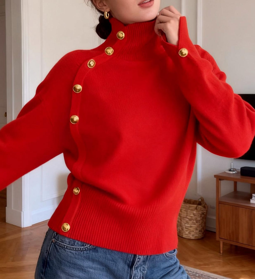 Turtleneck Pullover With Buttoned Shoulder Detail - Red - 1