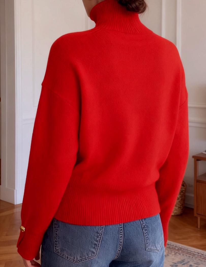 Turtleneck Pullover With Buttoned Shoulder Detail - Red - 2