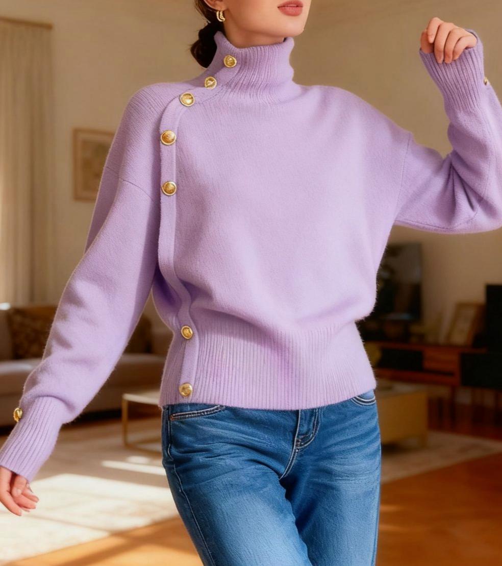 Turtleneck Pullover With Buttoned Shoulder Detail - Violet