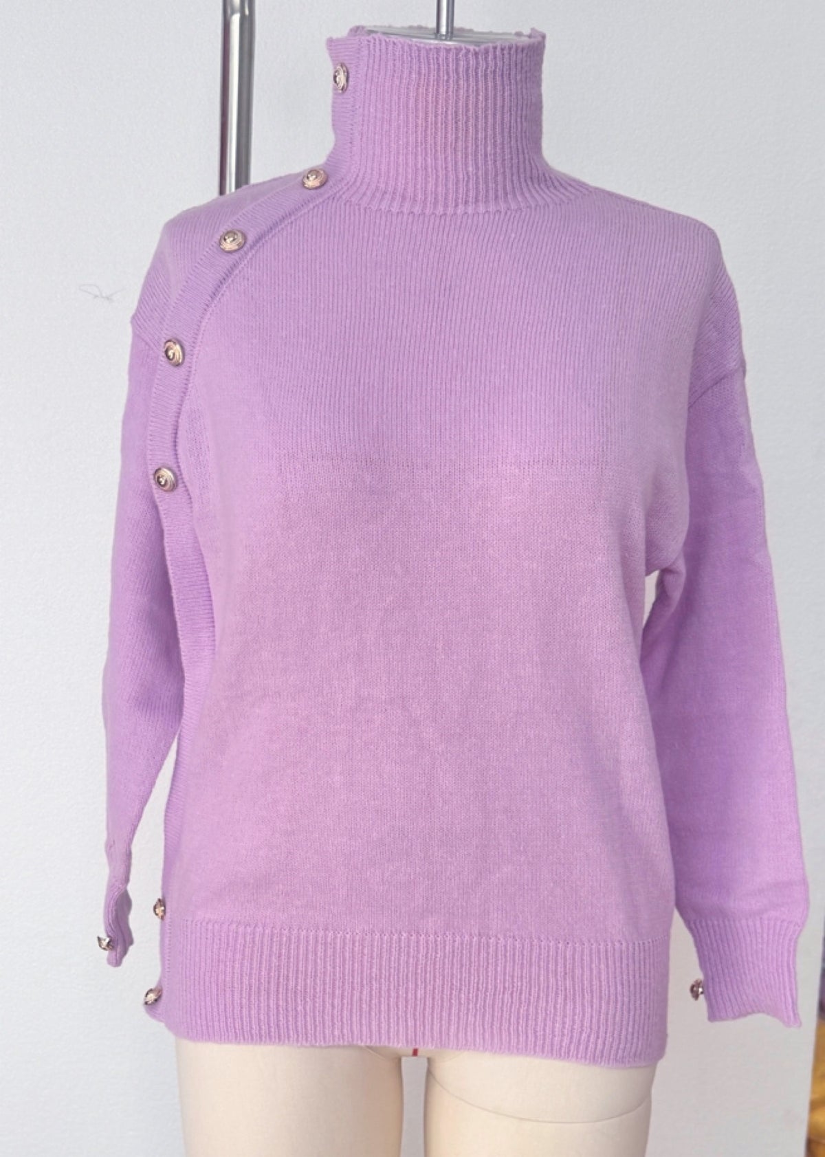 Turtleneck Pullover With Buttoned Shoulder Detail - Violet - 1