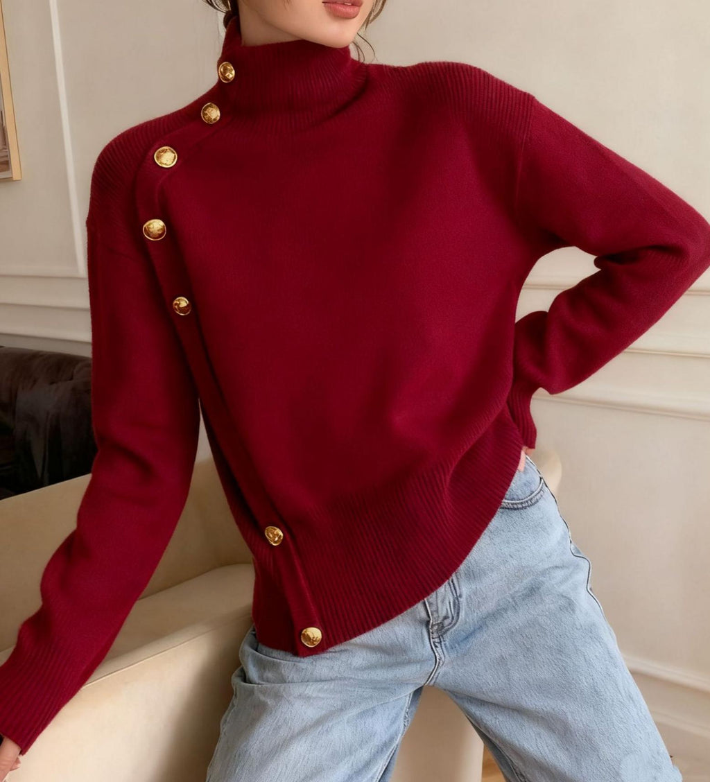 Turtleneck Pullover With Buttoned Shoulder Detail - Wine_red