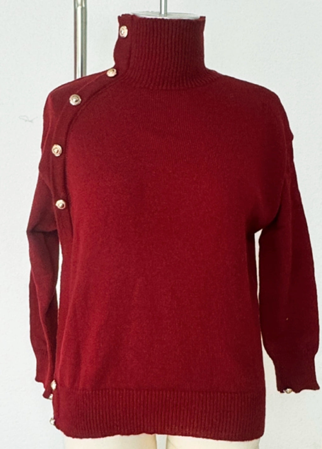 Turtleneck Pullover With Buttoned Shoulder Detail - Wine_red - 1