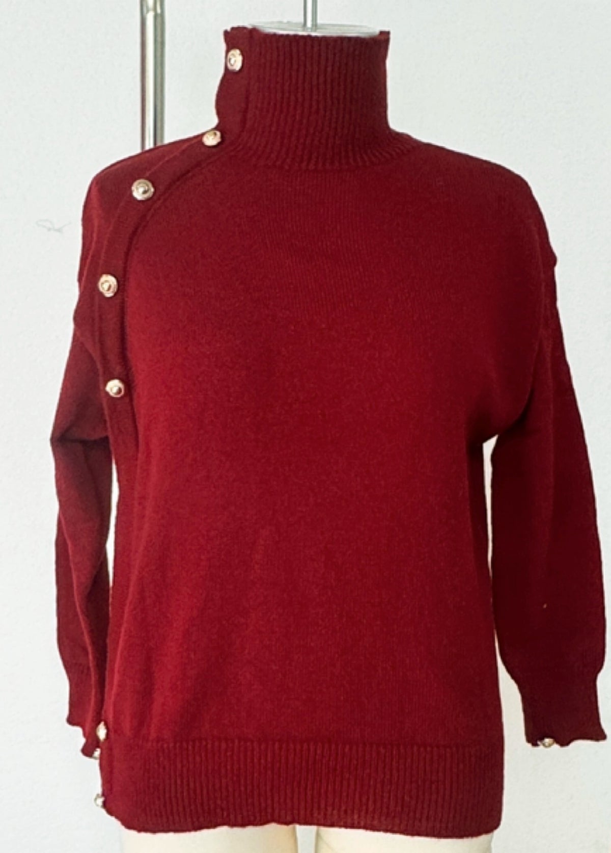 Turtleneck Pullover With Buttoned Shoulder Detail - Wine_red - 1