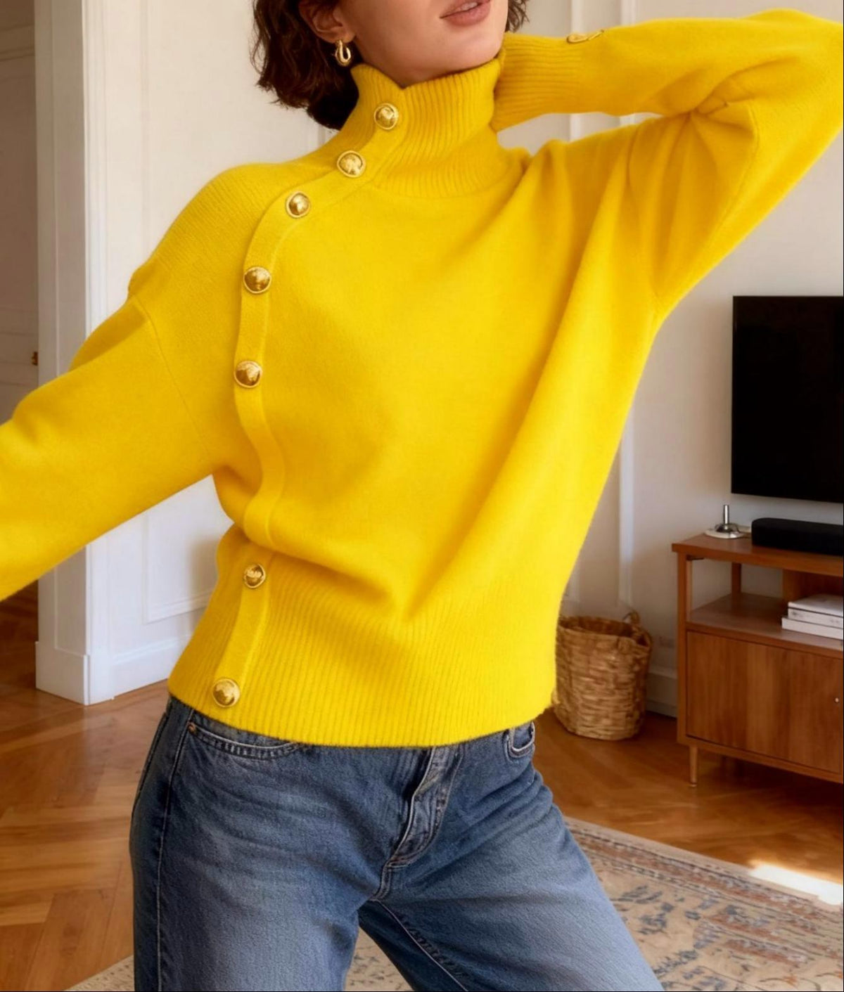 Turtleneck Pullover With Buttoned Shoulder Detail - Yellow