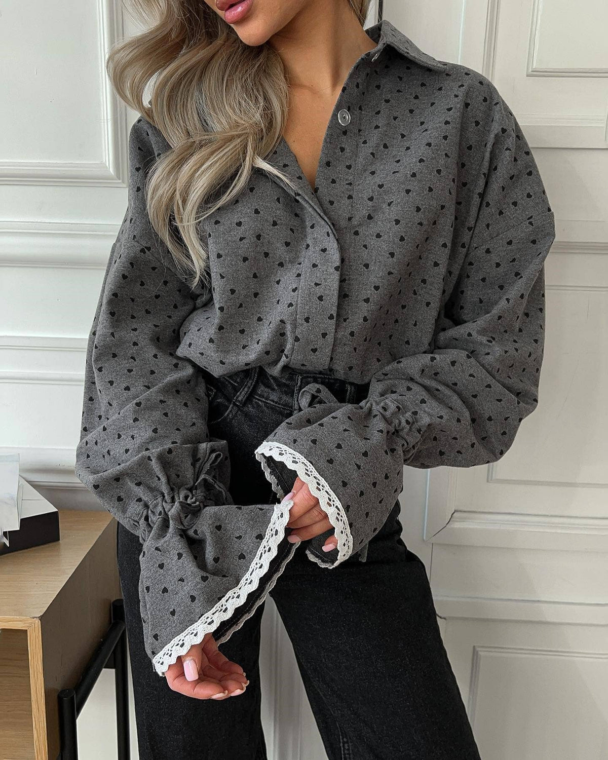 Dotted Lace Cuff Oversized Button Shirt